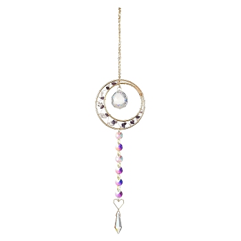 Glass Wind Chime, with Natural Amethyst Chip Beads and Iron Findings, Ring, Golden, 391mm