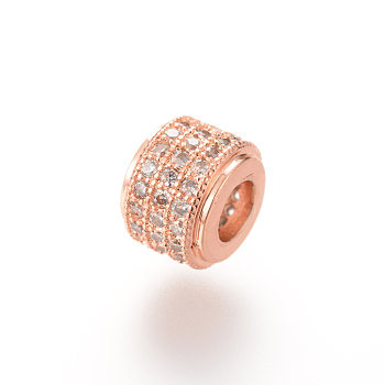 Brass Micro Pave Cubic Zirconia Beads, Column, Rose Gold, 9x6.5mm, Hole: 4mm
