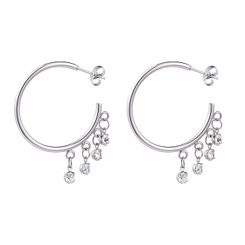 304 Stainless Steel Dangle Stud Earrings, Half Hoop Earrings, with Ear Nuts and Brass Rhinestone Charms, Stainless Steel Color, 32x33.5x2mm, Pin: 0.7mm