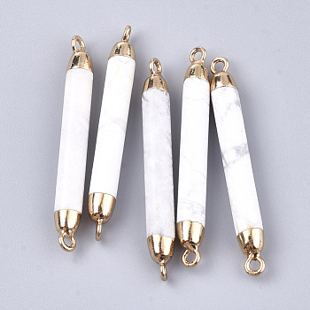 Electroplate Natural Howlite Links connectors, with Iron Findings, Column, Golden, 44~45x5mm, Hole: 1.8mm