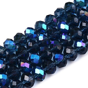 Electroplate Glass Beads Strands, Half Rainbow Plated, Faceted, Rondelle, Marine Blue, 8x6mm, Hole: 1mm, about 64~65pcs/strand, 40~41cm