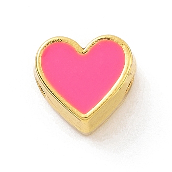 Eco-friendly Rack Plating Brass Enamel Beads, Cadmium Free & Lead Free, Long-Lasting Plated, Real 18K Gold Plated, Heart, Hot Pink, 7x7.5x5mm, Hole: 1.2mm