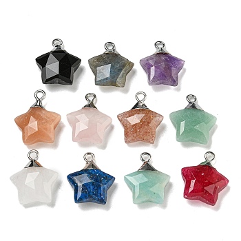 Gemstone Pendants, with Rack Plating Brass Findings, Star, Mixed Dyed and Undyed, 18x15x6mm, Hole: 2mm