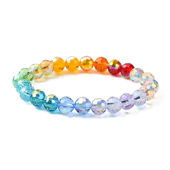 Rainbow Color Faceted Round Glass Stretch Bracelets for Women, Colorful, Inner Diameter: 2 inch(5cm)