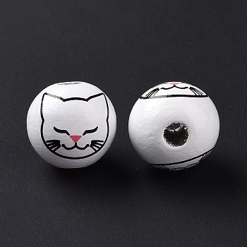 Printed Wood European Beads, Large Hole Beads, Round with Cat Pattern, White, 15.5~16x14.5~15mm, Hole: 4.6mm