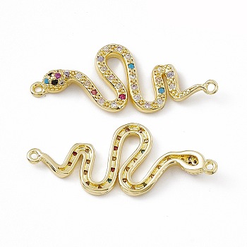 Brass Micro Pave Cubic Zirconia Connector Charms, Snake Links, Real 18K Gold Plated, Colorful, 13x32x2mm, Hole: 1mm