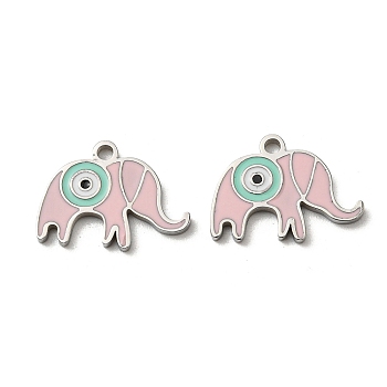 304 Stainless Steel Enamel Pendants, Elephant with Evil Eye Charms, Stainless Steel Color, Pink, 11.5x16x1.5mm, Hole: 1.5mm