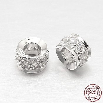 925 Sterling Silver Cubic Zirconia European Beads, Column, Silver, 7x4mm, Hole: 3mm