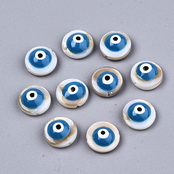 Natural Freshwater Shell Beads, with Enamel, Flat Round with Evil Eye, Dodger Blue, 9x4.5mm, Hole: 0.8mm
