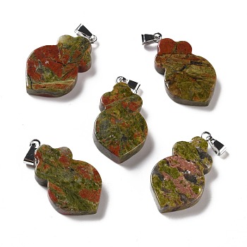 Natural Unakite Pendants, with Platinum Tone Brass Findings, Leaf, 29~31x16~17x3~6mm, Hole: 2x6mm