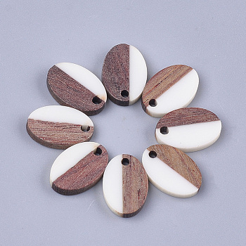 Resin & Walnut Wood Pendants, Oval, White, 15.5x10.5x3~3.5mm, Hole: 1.8mm