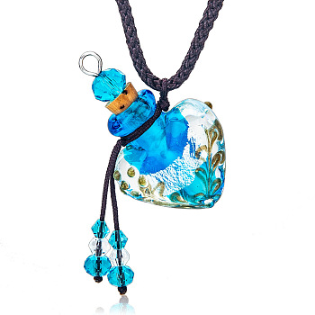 Baroque Style Heart Handmade Lampwork Perfume Essence Bottle Pendant Necklace, Adjustable Braided Cord Necklace, Sweater Necklace for Women, Dodger Blue, 18-7/8~26-3/4 inch(48~68cm)