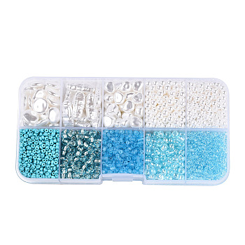 DIY 10 Style ABS & Acrylic Beads Jewelry Making Finding Kit, Heart & Barrel & Round & Flat Round & Imitation Pearl, Light Sky Blue, 7~18.5x7.5x2~10.5x1.5~5mm, Hole: 0.7~1.2mm