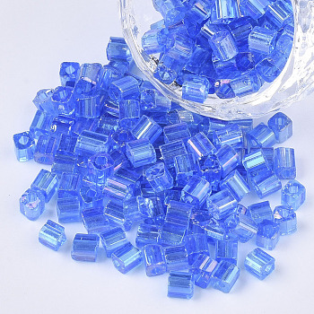 6/0 Glass Seed Beads, Transparent Colours Rainbow, Square Hole, Cube, Dodger Blue, 6/0, 3~5x3~4x3~4mm, Hole: 1.2~1.4mm, about 4500pcs/bag