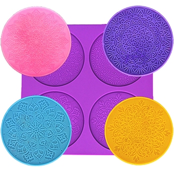 4 Styles Cup Mat Silicone Molds, Resin Casting Coaster Molds, For UV Resin, Epoxy Resin Craft Making, Flat Round with Flower, Dark Orchid, 220x220x6mm, Inner Diameter: 100mm