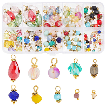 Elite 100Pcs 10 Style Glass Charms Sets, Rondelle & Cube & Polygon & Bicone & Pumpkin & Round, Mixed Color, 9~21x4~10mm, Hole: 1.2~3mm, 10pcs/style