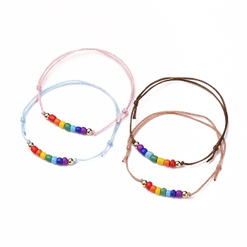 Adjustable Polyester Cord Bracelets, with Glass Seed Beads and Brass Beads, Round, Mixed Color, Inner Diameter: 2-1/8 inch(5.5cm)