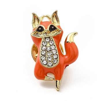 Fox Enamel Pin with Rhinestone, Golden Alloy Creative Badge for Backpack Clothes, Orange Red, 27x16x7.5mm, Pin: 1.2mm