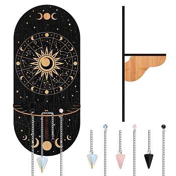Hanging Wooden Crystal Display Shelf, with Natural Rose Quartz & Opalite & Synthetic Blue Goldstone Hexagonal Pointed Dowsing Pendulums, Iron Hangers & Screws, Sun Pattern, Oval: 95x215x3mm