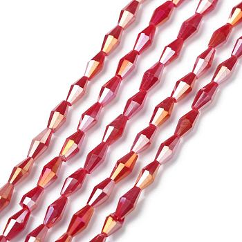 Opaque Glass Beads Strands, Bicone, Faceted, AB Color Plated, Dark Red, 8x4mm, Hole: 0.8mm, about 70pcs/Strand, 22.99''(58.4cm)