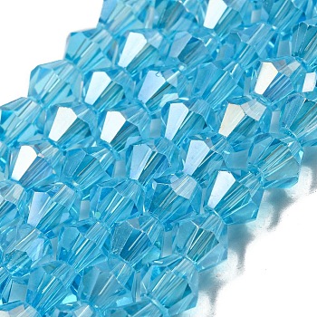Electroplate Glass Beads Strands, AB Color Plated, Faceted, Bicone, Deep Sky Blue, 6x5.5~6mm, Hole: 1mm, about 47~48pcs/strand, 10.83 inch(27.5cm)