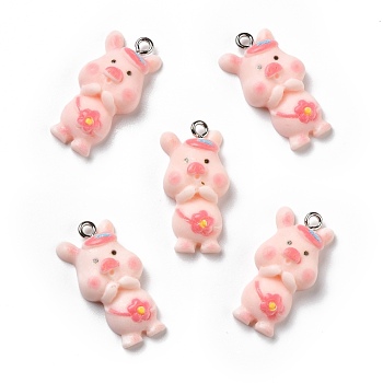 Opaque Resin Pendants, with Platinum Tone Iron Loops, Pig with Flower, Pink, 27x14x5mm, Hole: 2mm