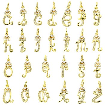 26Pcs 26 Styles Brass Micro Pave Cubic Zirconia Pendants, with Jump Ring, Letter A~Z Charms, Real 18K Gold Plated, 16~18x6~12x2mm, Hole: 4mm, 1pc/style