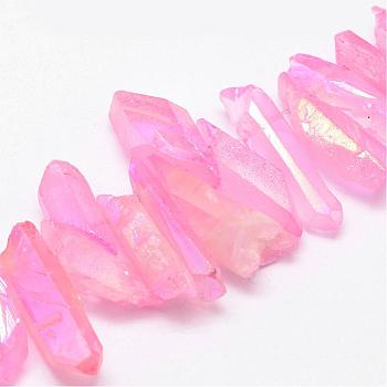 Electroplated Natural Quartz Crystal Bead Strands, Nuggets, Dyed, Pearl Pink, 16~36x5~8x5~8mm, Hole: 1mm, about 15pcs/strand, 4 inch