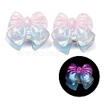 Luminous Opaque Resin & Rhinestone & Polymer Clay Beads, Bowknot, with Glitter Powder, Glow in the Dark, Pink, 32~34x39~41x22~24mm, Hole: 2~3mm(RE-CBA1913-02A)