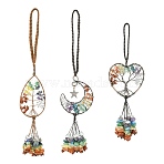 3Pcs 3 Styles Copper Wire Wrapped Chakra Natural Gemstone with Tree of Life Pendant Decorations, Tassel Hanging Ornaments, Teardrop & Heart & Moon, 106~215mm, 1pc/style(HJEW-CJ0001-22)