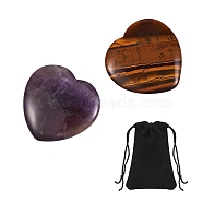 2Pcs 2 Style Heart Natural Mixed Gemstone Massage, with 1Pc Velvet Cloth Drawstring Bags, 39~40x39.5~40x7~8mm, 1pc/style(G-SZ0001-76C)