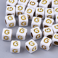 Plating Acrylic Beads, Horizontal Hole, Golden Metal Enlaced, Alphabet Style, Cube, Letter.G, 5.5~6x5.5~6x5.5~6mm, Hole: 3.5mm, about 3000pcs/500g(SACR-S297-09G)