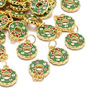 Alloy Enamel Pendants, Cadmium Free & Lead Free, with Rhinestone Beads,  Christmas Wreath, Golden, Colorful, about 13mm wide, 18mm long,2mm thick, hole:3mm(X-BSA0003-1)