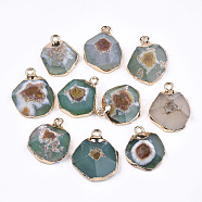Electroplate Natural Agate Pendants, with Brass Findings, Faceted, Dyed, Golden, Aqua, 17~22x14~18x5~10mm, Hole: 1.8mm(G-T112-18F)