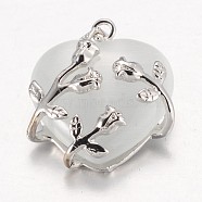 Cat Eye Pendants, with Brass Findings, Heart, Platinum Color, White, 23x21x9mm, Hole: 5x4mm(CE-H006-05)