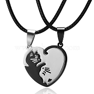 2Pcs 2 Style Couple Necklaces Set, Titanium Steel Matching Splite Heart with Cat Pendants Necklace for Valentine's Day, Electrophoresis Black, 18.90 inch(48cm), 1Pc/style(VALE-PW0001-014EB)