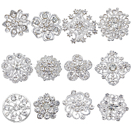 12Pcs 12 Style Crystal Rhinestone Flower Brooch Pins, Alloy Badges for Women, Silver, 20~28x20~28x3.5~8mm, 1Pc/style(JEWB-GF0001-36B)