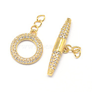 Brass Micro Pave Cubic Zirconia Ring Toggle Clasps, Cadmium Free & Nickel Free & Lead Free, Real 18K Gold Plated, toggle: 16x14x2mm, Hole: 3x2mm, Bar: 6x26x4mm, Hole: 3x2mm.(ZIRC-E010-24G)