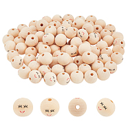 Elite 100Pcs Printed Wood Beads, Round with Smiling Face Pattern, Undyed, BurlyWood, 20x17.5mm, Hole: 4.7mm(WOOD-PH0002-67)