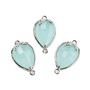 Cat Eye Faceted Teardrop Connector Charms, Brass Strawberry Links, Platinum, Cyan, 20x11.5x5mm, Hole: 1.2mm(G-B081-02P-03)