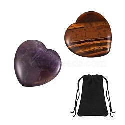 2Pcs 2 Style Heart Natural Mixed Gemstone Massage, with 1Pc Velvet Cloth Drawstring Bags, 39~40x39.5~40x7~8mm, 1pc/style(G-SZ0001-76C)