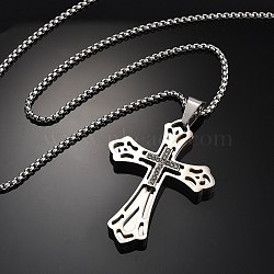 304 Stainless Steel Pendant Necklaces, with Rhinestone, Cross, Stainless Steel Color, 23.54 inch(59.8cm)(NJEW-H058-04P)