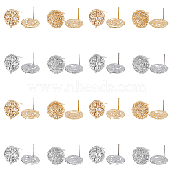 DICOSMETIC 8Pcs 4 Style Flat Round with Flower Brass Micro Pave Clear Cubic Zirconia Stud Earrings Findings, with Vertical Loops, Nickel Free, Real Gold Plated & Real Platinum Plated, 18~19x17mm, Hole: 1~1.6mm, Pin: 0.7mm, 2Pcs/style(KK-DC0002-90)