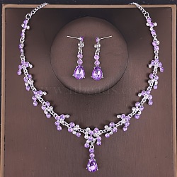 Teardrop Alloy Rhinestone Pendant Necklaces & Stud Dangle Earrings Sets, Platinum, Violet, 450mm(FS-WGE9DA1-05)