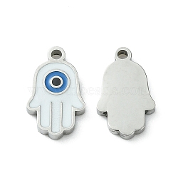 304 Stainless Steel Manual Polishing Charms, with Enamel, Hamsa Hand/Hand of Miriam with Evil Eye, Stainless Steel Color, 11.5x7x1.5mm, Hole: 1.2mm(STAS-C075-35P)