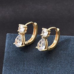 Brass Pave Cubic Zirconia Hoop Earrings, Round with Teardrop, Real 18K Gold Plated, 12.5x5.5x14mm(KK-CBACA55-17G)