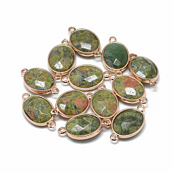 Natural Unakite Links connectors, with Golden Tone Brass Findings, Faceted, Oval, 25x14x6~7mm, Hole: 2mm(X-G-T073-05H)
