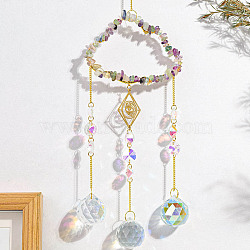 Natural Fluorite Copper Wire Wrapped Cloud Hanging Ornaments, Teardrop Glass Tassel Suncatchers for Home Outdoor Decoration, 420mm(PW-WG49920-08)