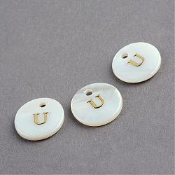 Freshwater Shell Pendants, Flat Round with Gold Blocking Letter.U, 11.5x2mm, Hole: 1.5mm(SSHEL-S249-U)