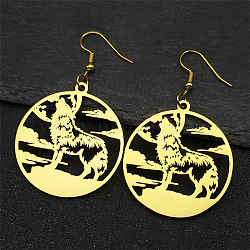 304 Stainless Steel Dangle Earrings, Flat Round with Wolf Pattern, Golden, 57x35mm(FS-WG624D7-04)